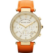 Michael Kors Parker Orange Leather Chronograph Watch - Orange