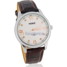 MIKE Round Dial Analog Watch with PU Leather Strap (White)