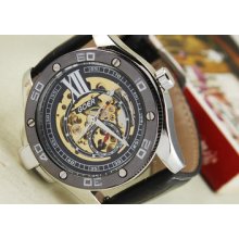 Military Special Subdials Auto Mechanical Gold Skeleton Mens Watch Black Leather