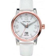 Nautica Men's & Women's Brass Case White Leather Watch A14567g