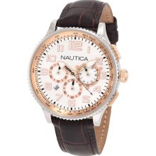 Nautica N22599m Men's Brown Leather Strap Day And Date Stationary Bezel