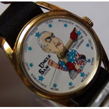 New 1970' Uncle Sam Election Gold Calendar Watch w/ Warranty Card