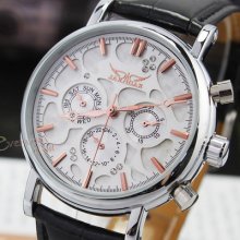 Newest Crystal White Clear Automatic Mens Watch 3-work Subdial Date 24hrs Rose