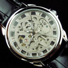 Newest Steel Silver Skeleton Watch Mens Automatic Grace Wristwatch Leather Band