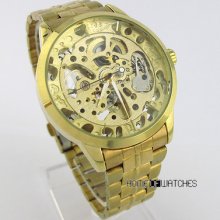 Noble Gold Plated Transparent Automatic Mechanical Mens Stainless Steel Watch