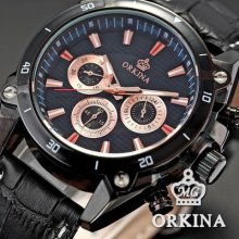 Orkina Black Dial Leather 6 Hands 3 Dial 24 Hours Men Quartz Sport Wrist Watch