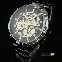 Outdoor Style Men's Black Hollow Skeleton Automatic Mechanical S/steel Watch