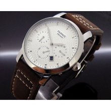 Parnis Textured Dial White Dial Automatic Mens Wristwatch Cow Leather Strap 288a