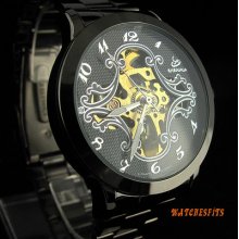 Partially Transparent Dial Stainless Steel Men Automatic Mechanical Watch Black