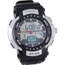 PASNEW 361 Plastic Band Waterproof Sports Watch with Double Movements (Silver)