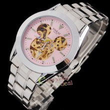 Pink Mouse Skeleton Stainless Automatic Womens Watch Mechanical Luminous No.