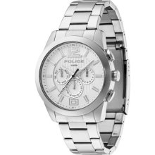 Police Trophy Lancer Mf Men's Quartz Watch With White Dial Chronograph Display And Silver Stainless Steel Bracelet 13399Js/04M