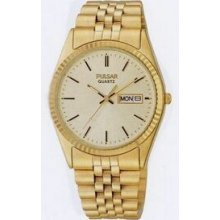 Pulsar Men`s Goldtone Bracelet Watch W/ English & Spanish Calendar