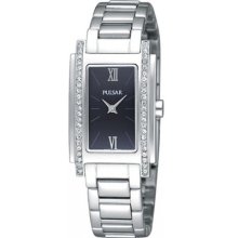 Pulsar Women Stainless Steel Bracelet Black Dial Crystal Watch Pta475