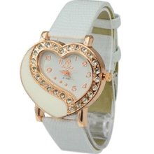 Rhinestones Heart-Dial Women's Quartz Wrist Watch PU Band