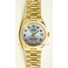 Rolex 31mm Midsize 18K Yellow Gold President Model 68278 With Custom Added Silver Diamond Dial