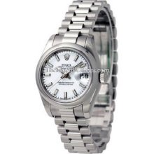 Rolex Datejust Lady Watch, Platinum, Domed Bezel, President Bracelet, White Index Dial