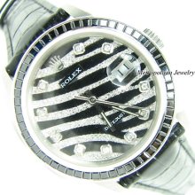 Rolex Men Datejust Zebre Dial With Black Sapphire Bezel & Leather Strap