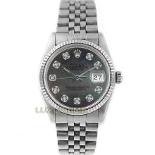 Rolex Mens Ss Datejust 16014 Tahitian Mop Diamond Dial 18k Gold Fluted Bezel