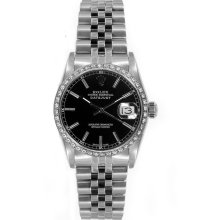 Rolex Women's Datejust Midsize Stainless Steel Custom Diamond Bezel Black Index Dial