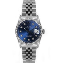 Rolex Women's Datejust Midsize Stainless Steel Custom Diamond Bezel Blue Diamond Dial