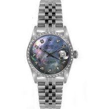 Rolex Women's Datejust Midsize Stainless Steel Custom Diamond Bezel Black Mother of Pearl Diamond Dial