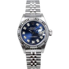 Rolex Women's Datejust Stainless Steel Fluted Custom Blue Diamond Dial