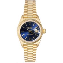 Rolex Women's President Yellow Gold Fluted Blue Index Dial