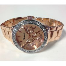 Rose Gold Bracelet Ladies Geneva Iced Out Decorative Chronograph Watch 8041