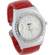 Round Dial Steel Skinning Band Women's Wrist Watch Bracelet (Red)