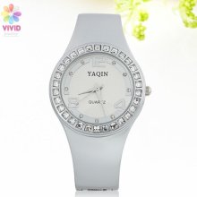 Round White Dial Square Stones Purfled Stainless Steel Women's Bangle Watch