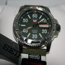 Seiko 5 Sports Mens Military Green Fabric Band 100m Automatic Srp215k Watch