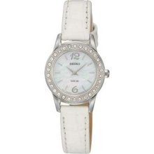 Seiko Ladies Solar Series Watch W/ Mother Of Pearl Dial & Leather Strap