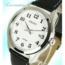 Seiko Quartz Mens Casual Dress Easy Read White Face Calf Leather Strap Sgeg17p1