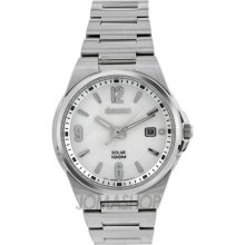 Seiko Solar Quartz Silver Dial Stainless Steel Mens Watch SNE209 ...