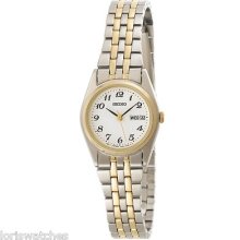 Seiko Sxa124 Women's Two Tone Quartz Watch With White Dial And Day, Date