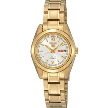 Seiko Symk30 Women's Watch Seiko 5 Gold Tone White Dial Day And Date