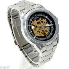 Shenhua Unique Skeleton Auto Mechanical Men's Stainless Steel Band Wrist Watch