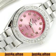 Shining Pink Small Steel Girls Womens Quartz Crystal Watch Battery Include Gift