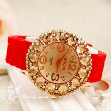 Shinning Mosaic Man Made Crystal Round Dial Casual Quartz Women Watch