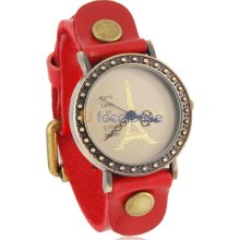 Shshd Eiffel Tower Pattern Analog Watch with PU Leather Strap (Red)