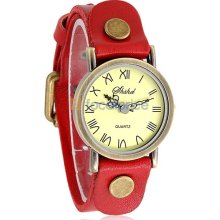 Shshd Retro Round Dial Analog Watch with PU Leather Strap (Red)