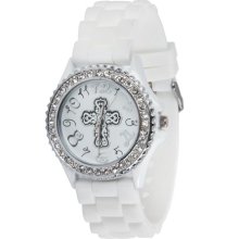 Silicone Watch with Cross, White, Medium