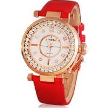 SINOBI Women's Jeweled Analog Watch with Faux Leather Strap (Red)