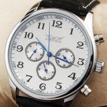 Six Hands Big White Face Mens Elegant Wristwatch Mechanical Date Week Analog