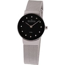 Skagen Denmark Silver Mesh Watch with Black Dial Women's