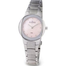 Skagen Ladies Stainless Steel Sharp Mother Of Pearl Dial Crystal Watch 589ssxp