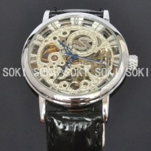 Soki Silver Case Skeleton Analog Leather Strap Mens Mechanical Watch L02