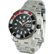 Stainless Steel Seiko 5 Sports Automatic Black Dial Day Date Red and Black Bezel