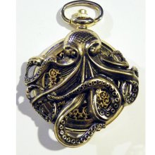 Steampunk Gold Octopus Pocket Watch and Gold chain fob